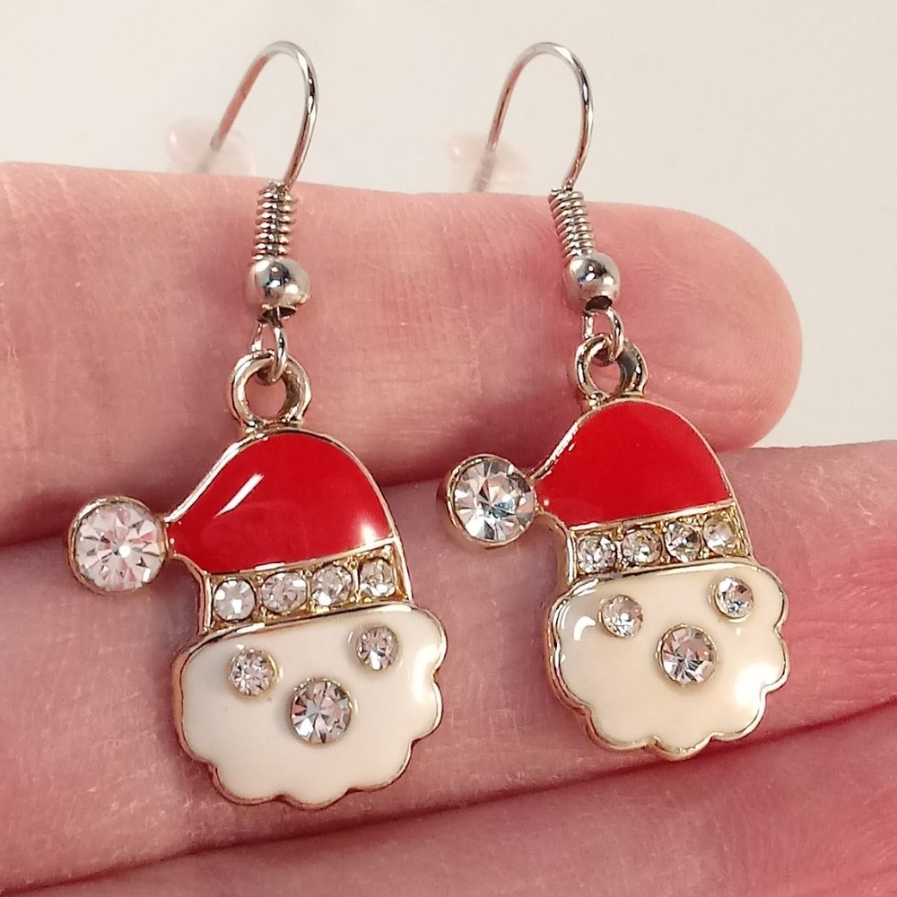 Silver Snowman Santa Hat Crystal Christmas Dangle Earrings New Holiday Festive